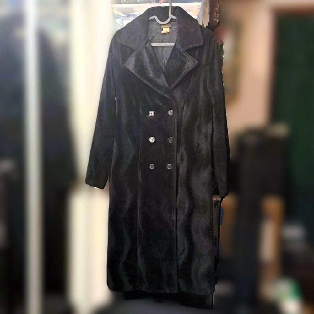 Vintage Janette Black Velvet Faux Fur Double Breasted Maxi Coat Y2K Made in USA